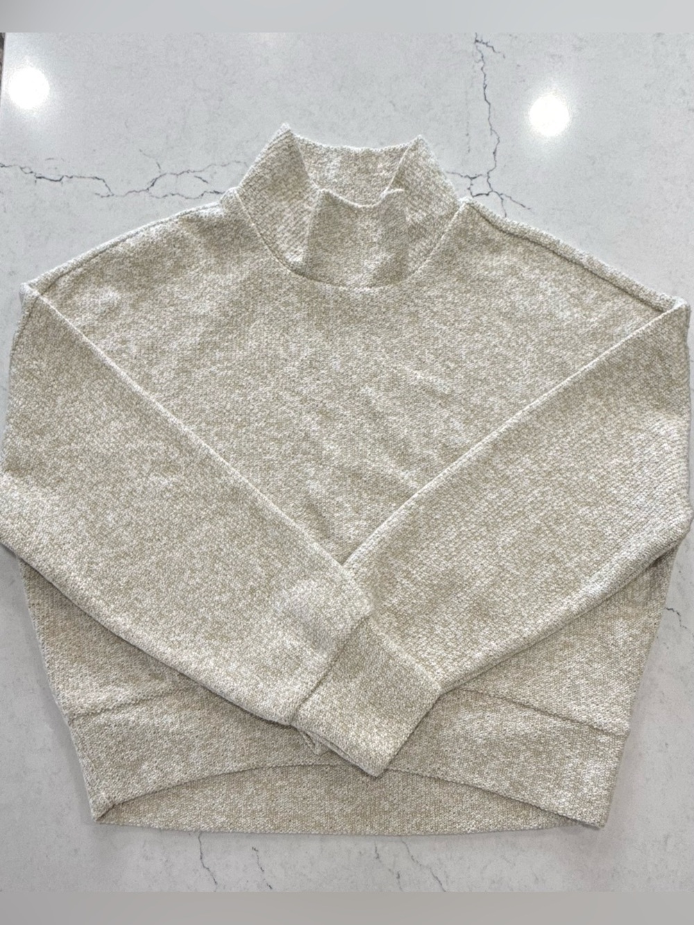 Aerie Offline Knit Pullover Sweater, Beige White Mock Neck, Thumb Holes, XS